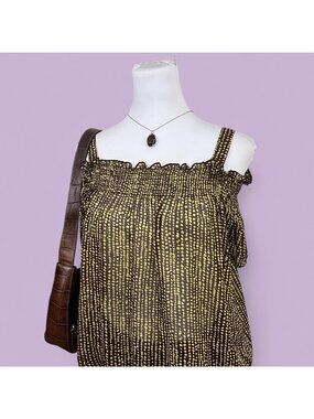 dkny brown green sheer polka dot quirky boho weird girl off the shoulder top